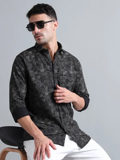 Black Cotton With White Printed Shirt