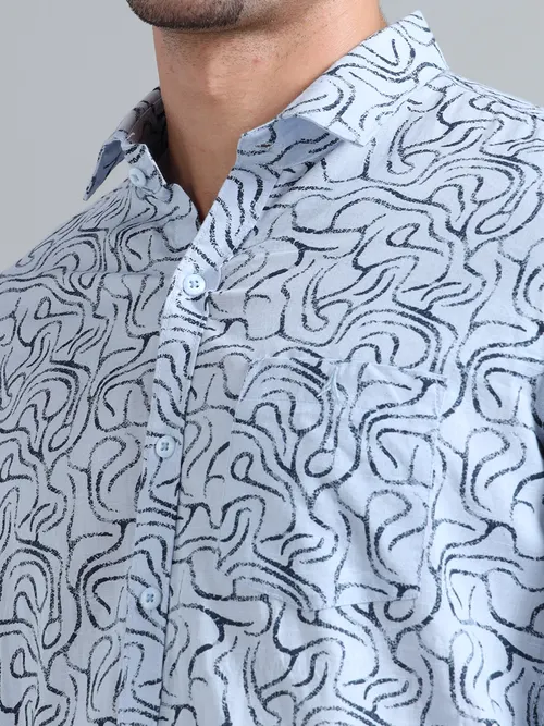 Sky Blue Cotton With Navy Printed Shirt