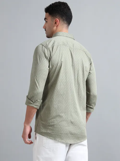 Olive Green Geometric Printed Shirt