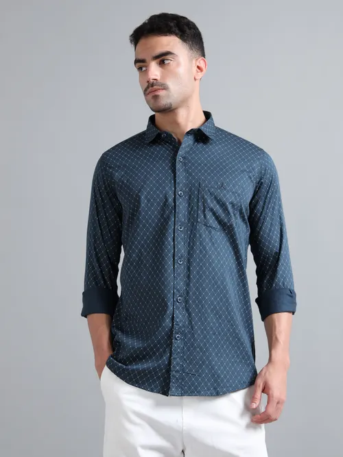 Navy Blue Geometric Printed Shirt