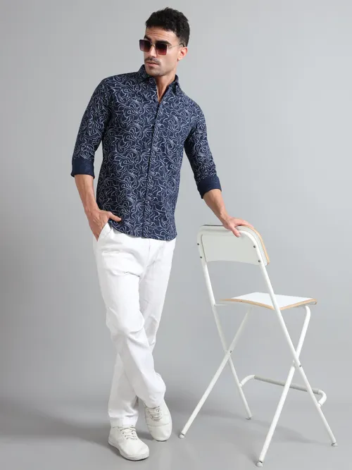 Navy Blue Cotton With White Printed Shirt