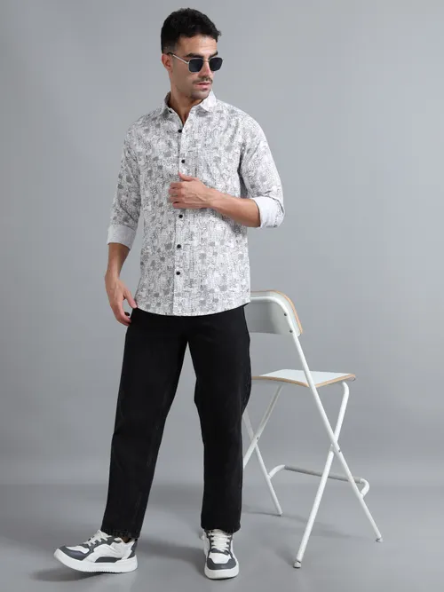 White Cotton With Black Printed Shirt