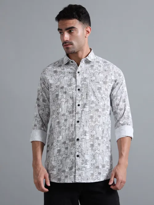 White Cotton With Black Printed Shirt