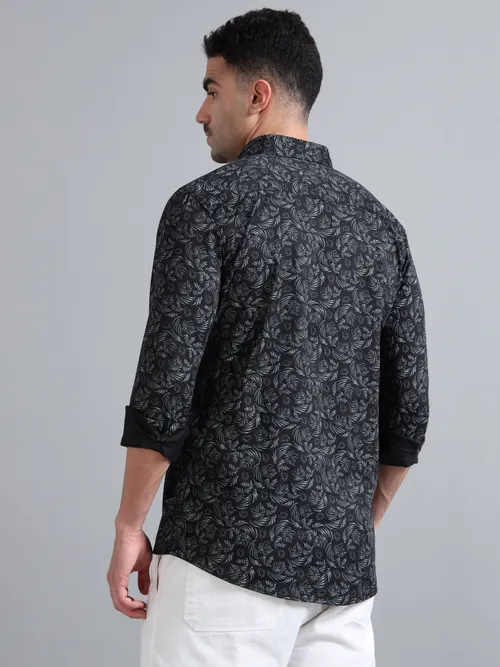 Black Cotton Floral White Printed Shirt