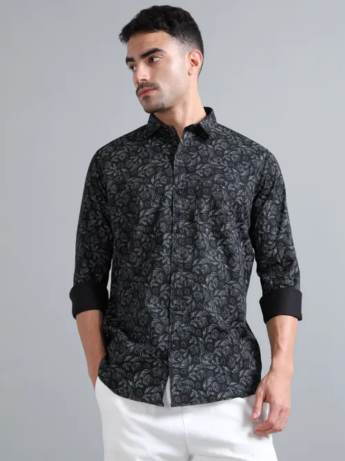 Black Cotton Floral White Printed Shirt