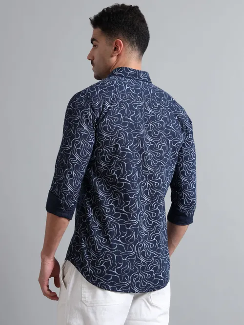 Navy Blue Cotton With White Printed Shirt
