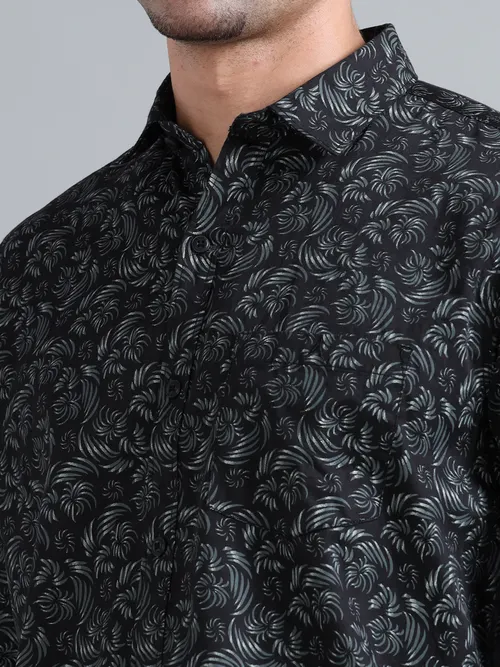 Black Cotton Floral White Printed Shirt