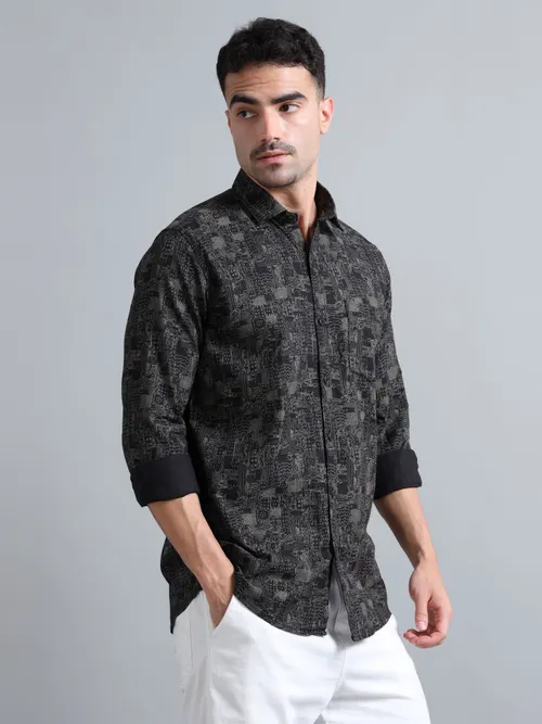 Black Cotton With White Printed Shirt