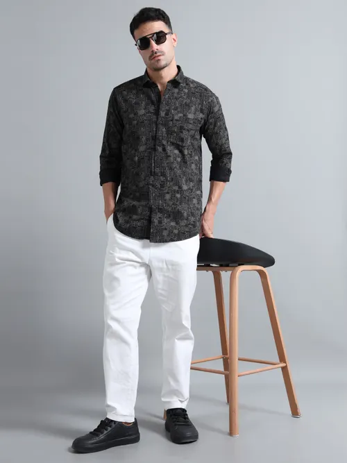 Black Cotton With White Printed Shirt