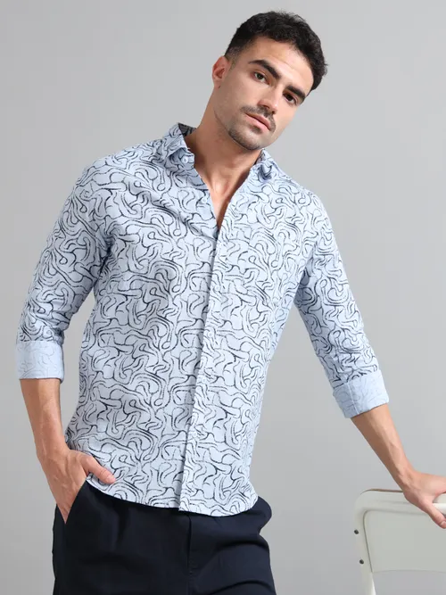 Sky Blue Cotton With Navy Printed Shirt