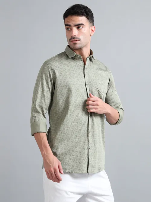 Olive Green Geometric Printed Shirt