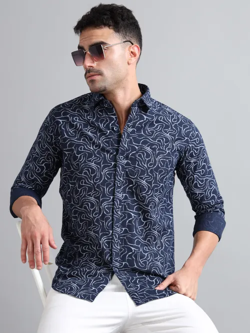 Navy Blue Cotton With White Printed Shirt