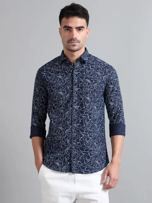 Navy Blue Cotton With White Printed Shirt