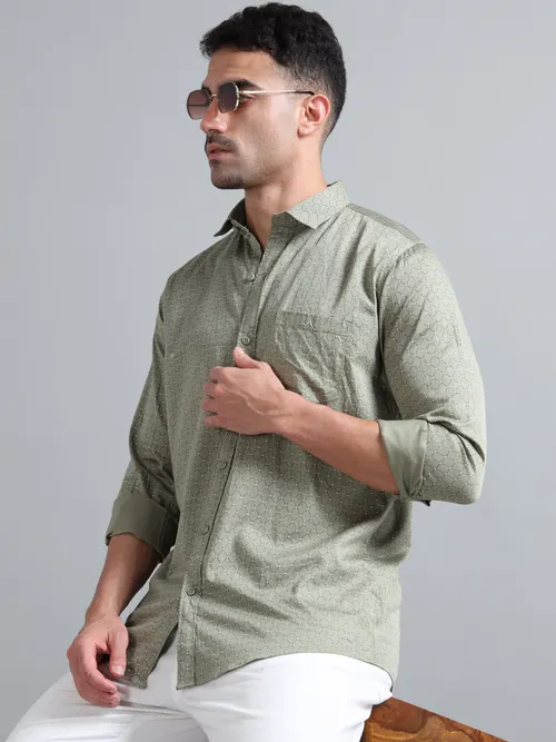 Olive Green Geometric Printed Shirt