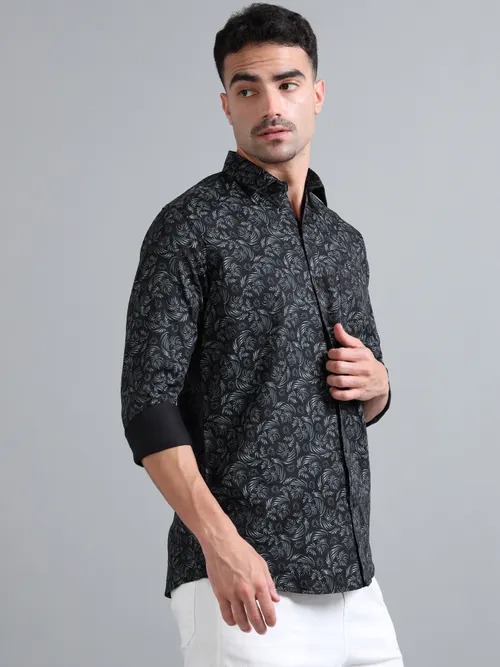 Black Cotton Floral White Printed Shirt