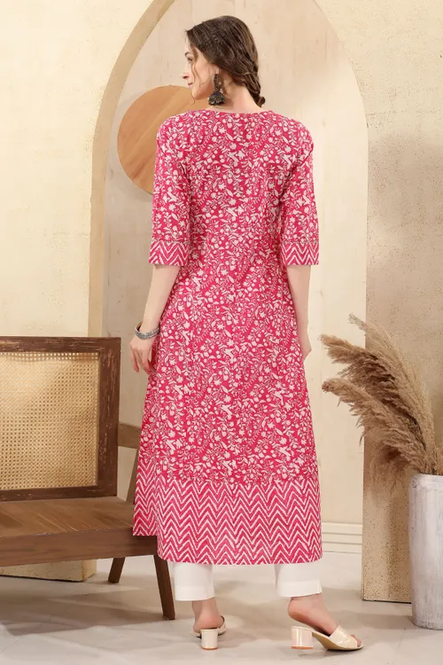 Pink Jaipuri Cotton Print Anarkali For Women With Zari Embroidery