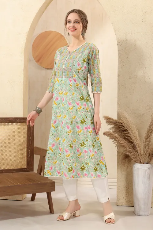 Sea Green Jaipuri Cotton Print Anarkali For Women With Laces Embellishment