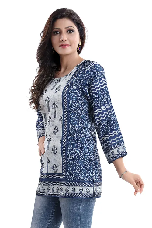 Stylista Indigo Blue Summer Cool Printed Short Kurti Tunic Top
