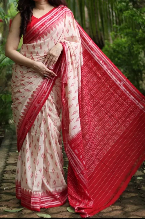White & Red Ikat Cotton Saree | Handloom Sambalpuri Style Weave