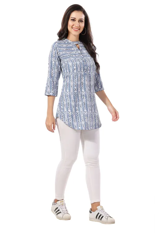 Blue Poly Crepe Short Tunic Top For Everyday Wear