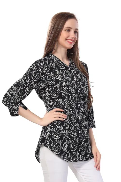 Beautiful Black Printed Polyester Crepe Short Tunic Top for Women