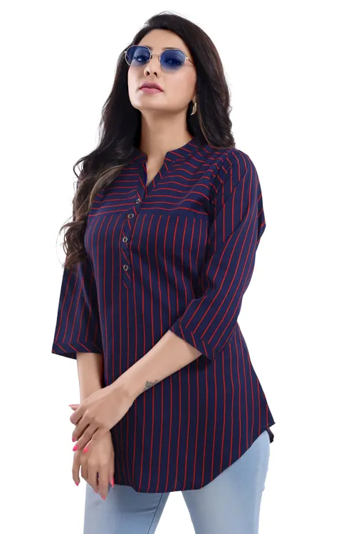 Elementary Blue and Red Striped Polyester Crepe Short Tunic Top for Women