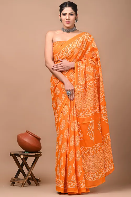 Orange Hand Block Printed Pure Cotton Saree from Jaipur
