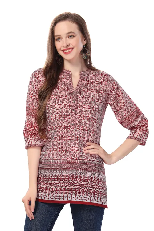 Red Blossom Cotton Print Mandarin Collar Short Tunic