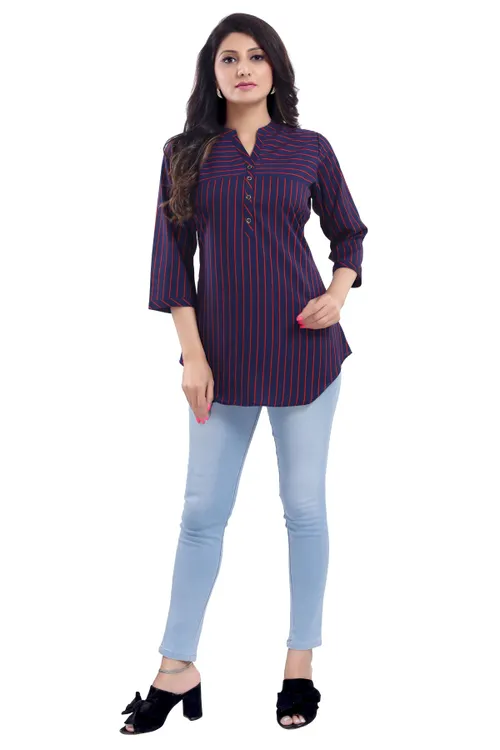 Elementary Blue and Red Striped Polyester Crepe Short Tunic Top for Women