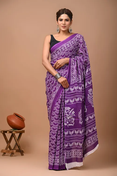 Purple and White Hand Block Print Cotton Saree