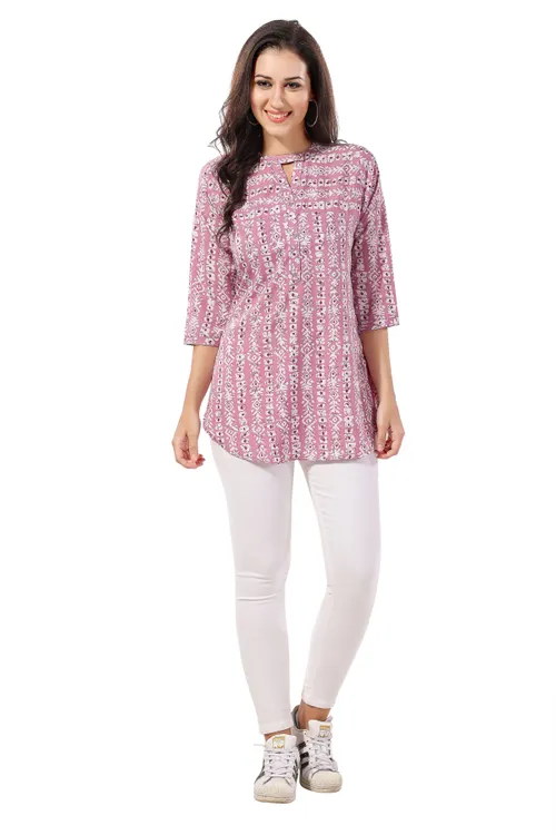 Pink Poly Crepe Short Tunic Top For Everyday Wear