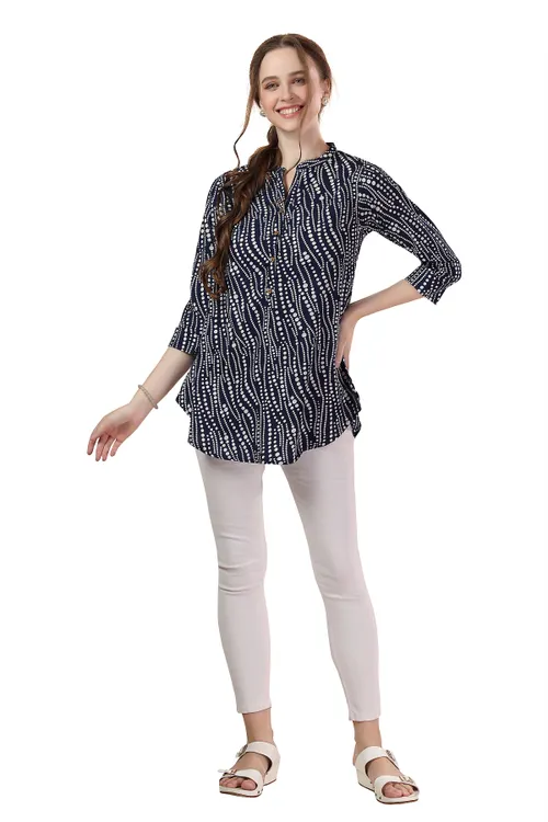 Blue Faux Crepe Tunic with Stylish Print