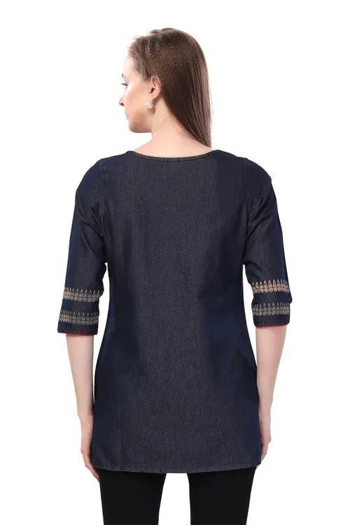 Denim Delight Short Tunic Featuring Color Wash Print and Thread Work