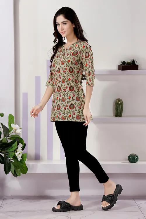 Elegant Pista Flex Cotton V Neck Kurti with Intricate Thread Work