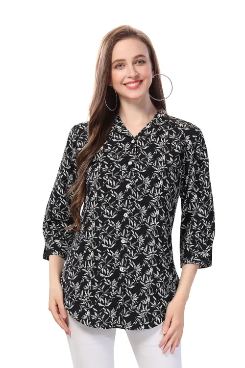 Beautiful Black Printed Polyester Crepe Short Tunic Top for Women