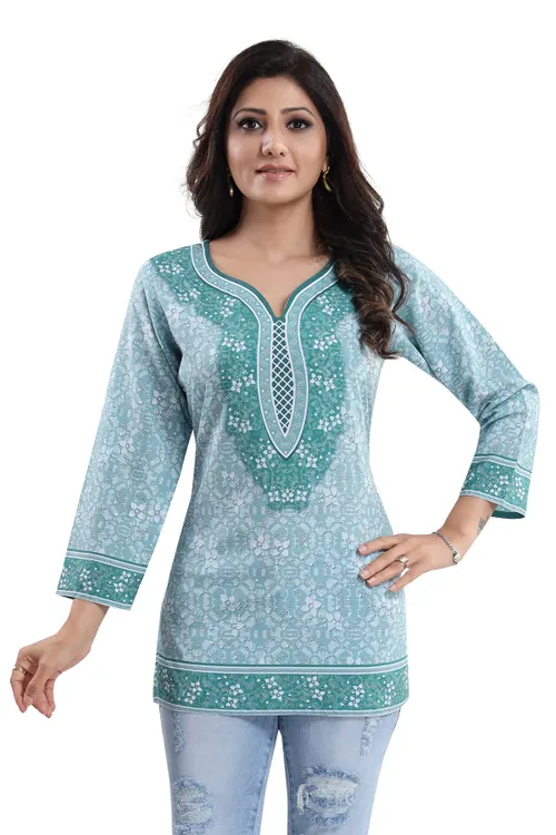Alluring Faux Crepe Printed Short Kurti Tunic Top