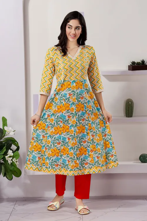 Fashionable Yellow Anarkali Kurti in Cotton with Mixed Print Patterns