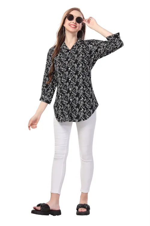 Beautiful Black Printed Polyester Crepe Short Tunic Top for Women