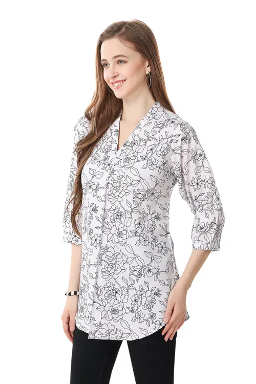 Modern Black and White Print Tunic in Soft Faux Crepe