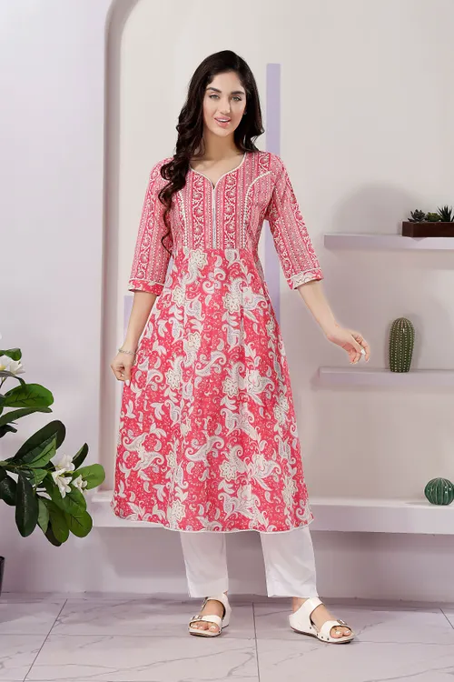 Fashionable Coral Anarkali Kurti in Cotton with Mixed Print Patterns
