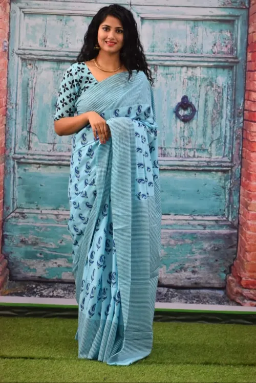 Light Blue Jaipuri Hand Block Print Cotton Saree with Navy Paisley Motifs & Striped Pallu