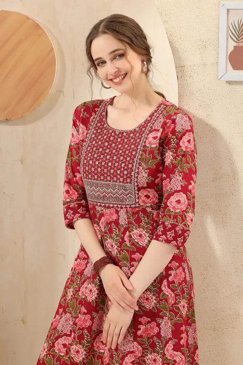 Maroon Jaipuri Cotton Print Anarkali For Women With Zari Embroidery