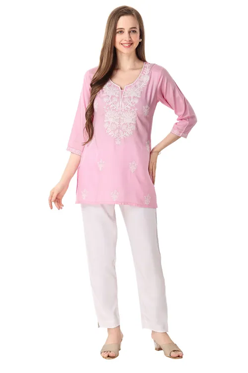 Pinky Pink Rayon Chikankari Kurti Tunic