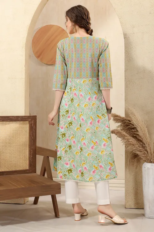 Sea Green Jaipuri Cotton Print Anarkali For Women With Laces Embellishment