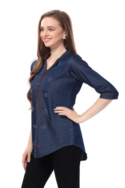 Denim Elegance Applique Embroidery and Cloud Wash on Coat Collar Tunic