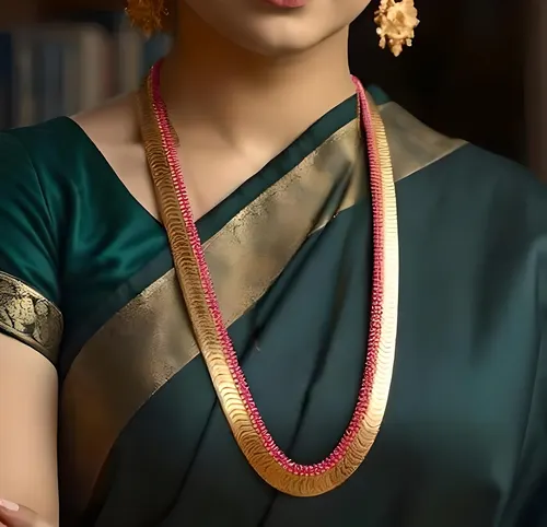 Farming Gold Plated kasu mala Long Temple Coin carved with lexmi devi Traditional Fashion pink stone Jewellery Haram necklace For Women and Girls