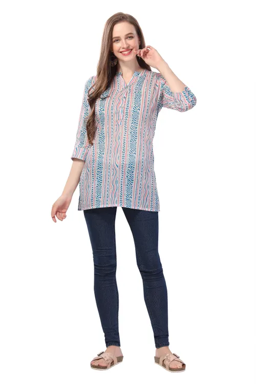 Abstract Allure Blue Geometric Print Mandarin Collar Tunic