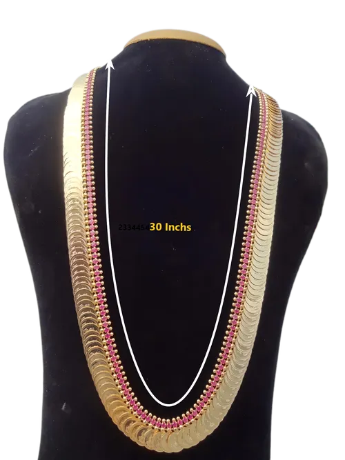 Farming Gold Plated kasu mala Long Temple Coin carved with lexmi devi Traditional Fashion pink stone Jewellery Haram necklace For Women and Girls
