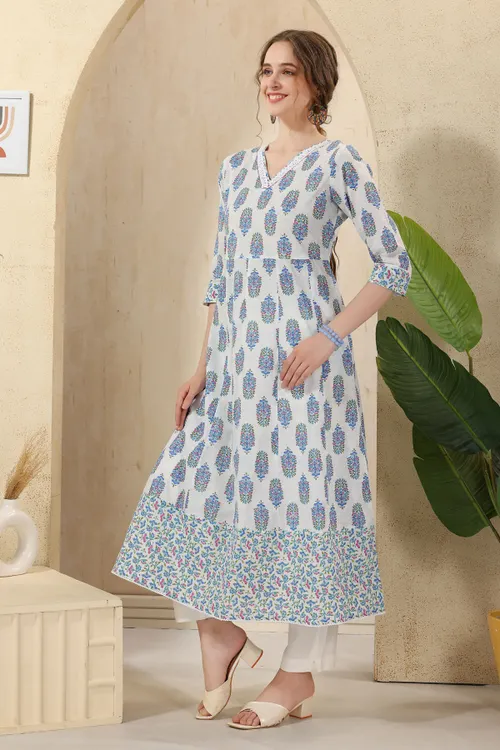 White Jaipuri Cotton Print Anarkali For Women With Laces Embellishment