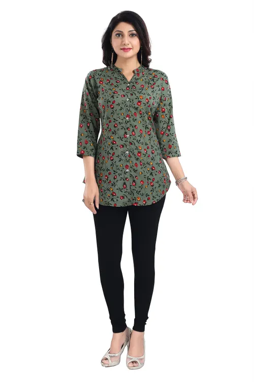 Green Poly Crepe Short Tunic Top